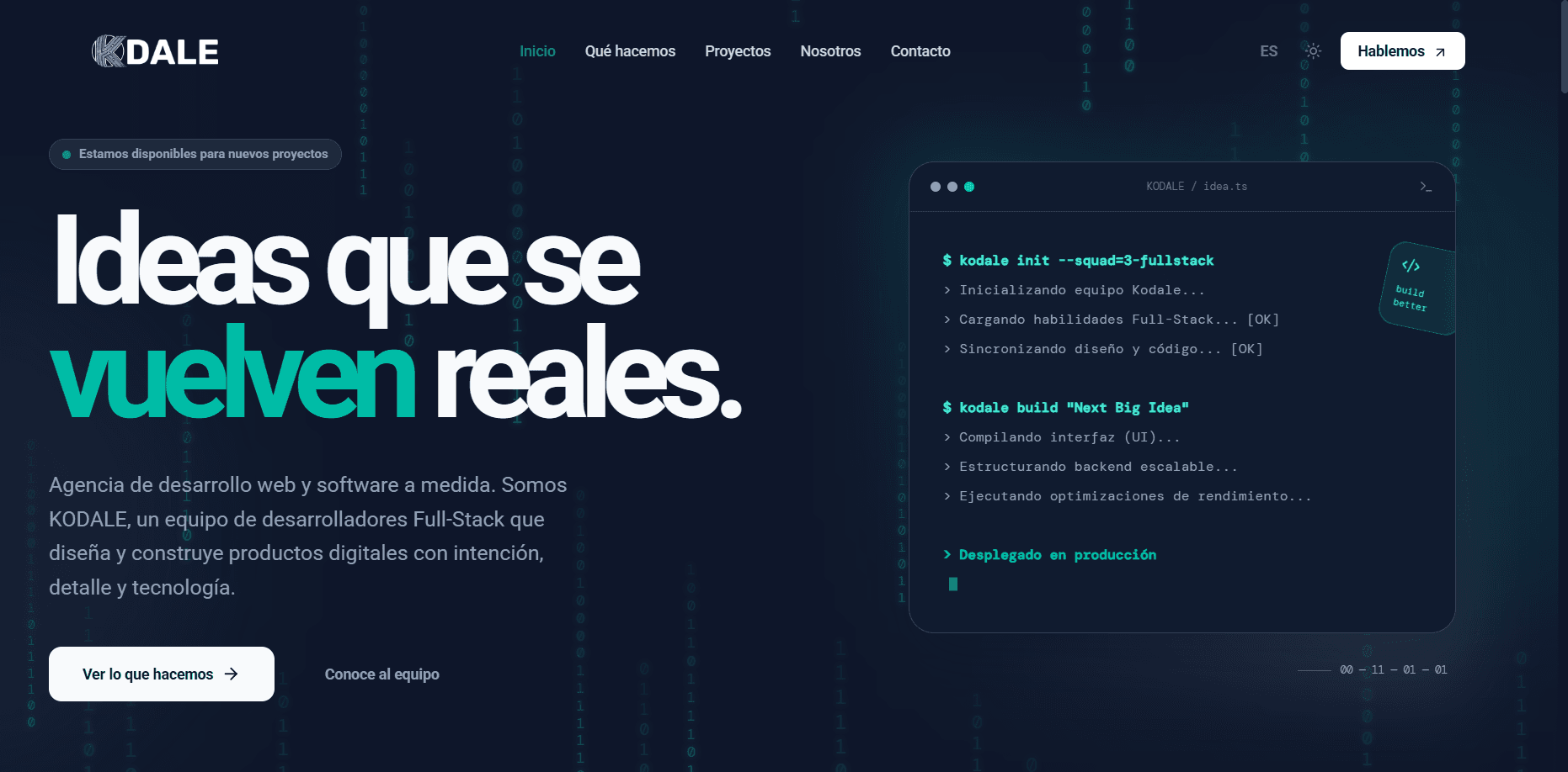 Captura del proyecto Kodale en modo oscuro